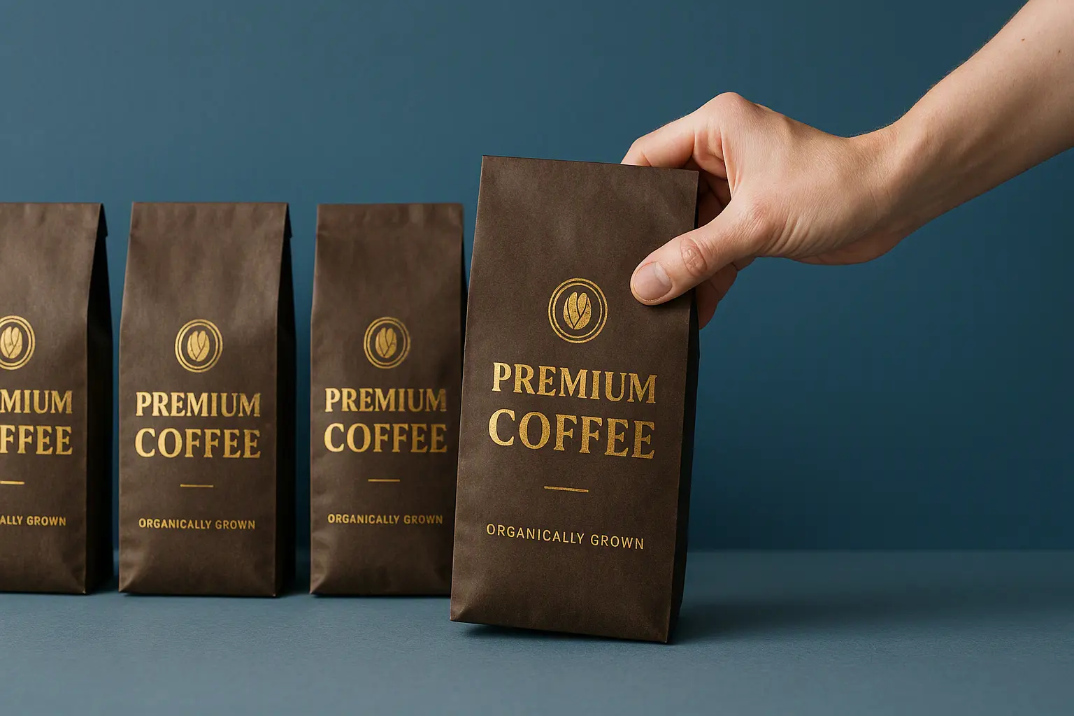 Luxury Finishes For Coffee Packaging Bags Macro shot of coffee bag showing foil stamping, embossed logo and soft touch matte finish details