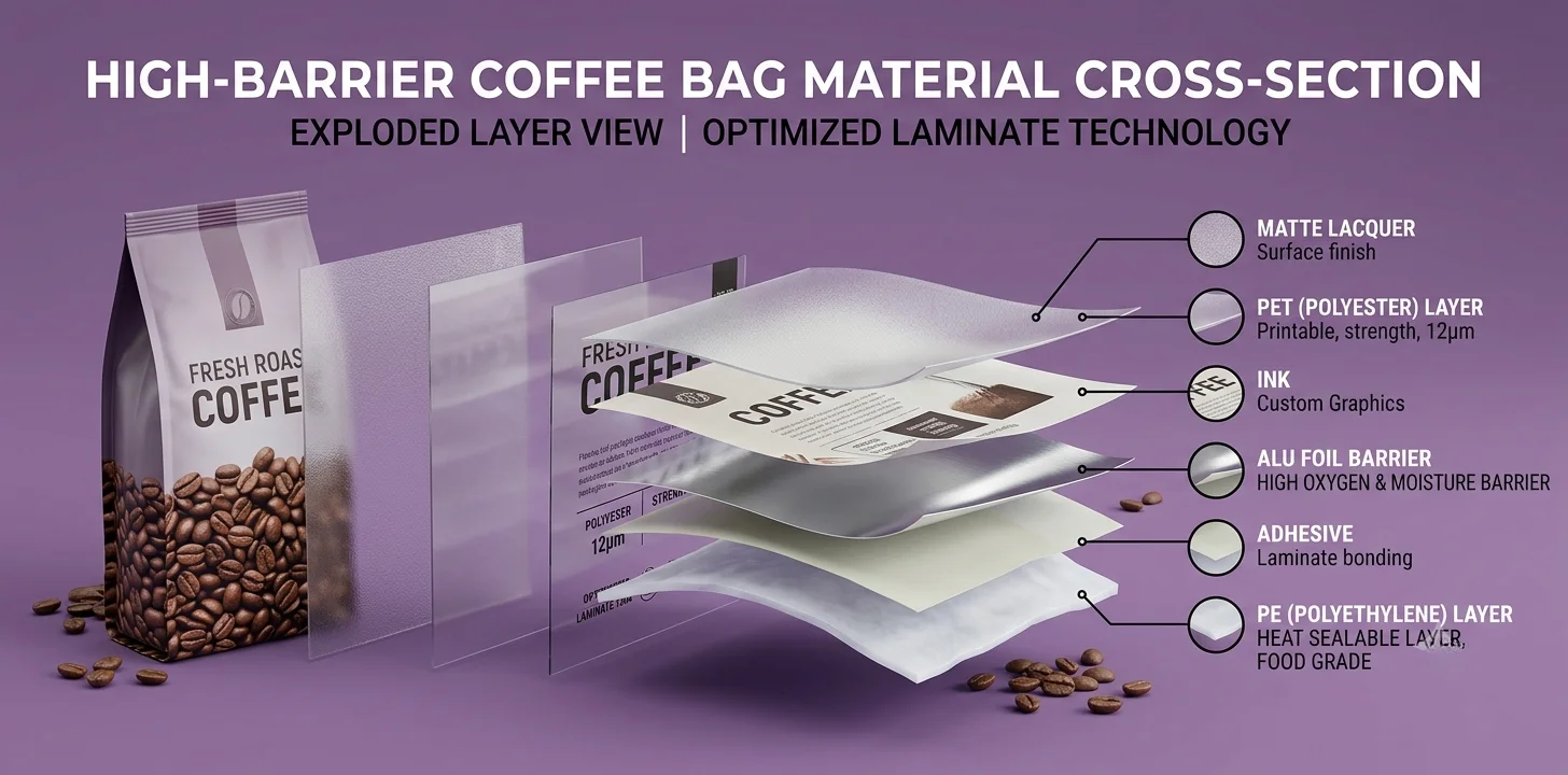 Cross section view of coffee bag showing foil PET and PE multi layer barrier lining