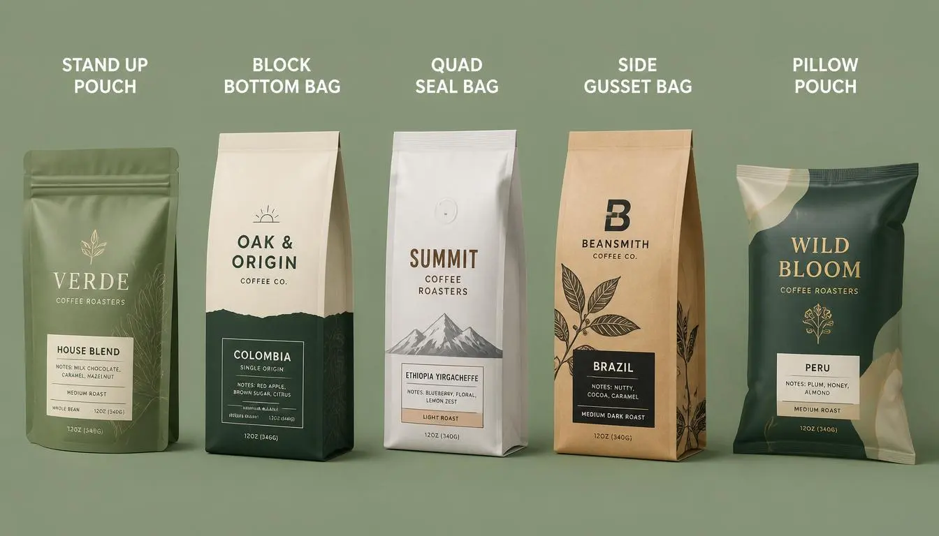 Different Coffee Bag Styles For Custom Packaging Comparison of coffee bag styles including stand up pouch, block bottom, quad seal, side gusset and pillow pouch