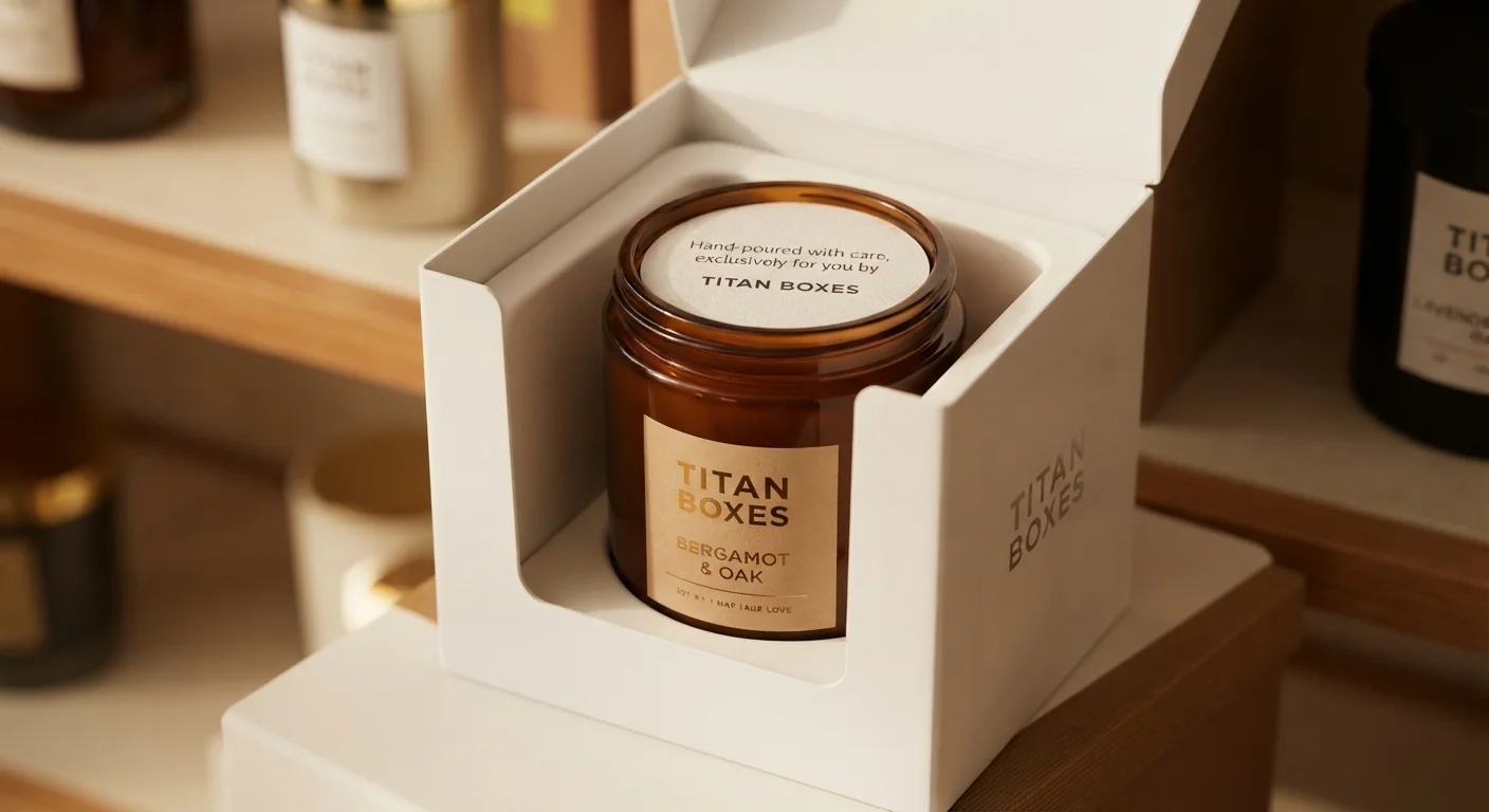 premium candle packaging with window, insert, and dust cover features by Titan Boxes