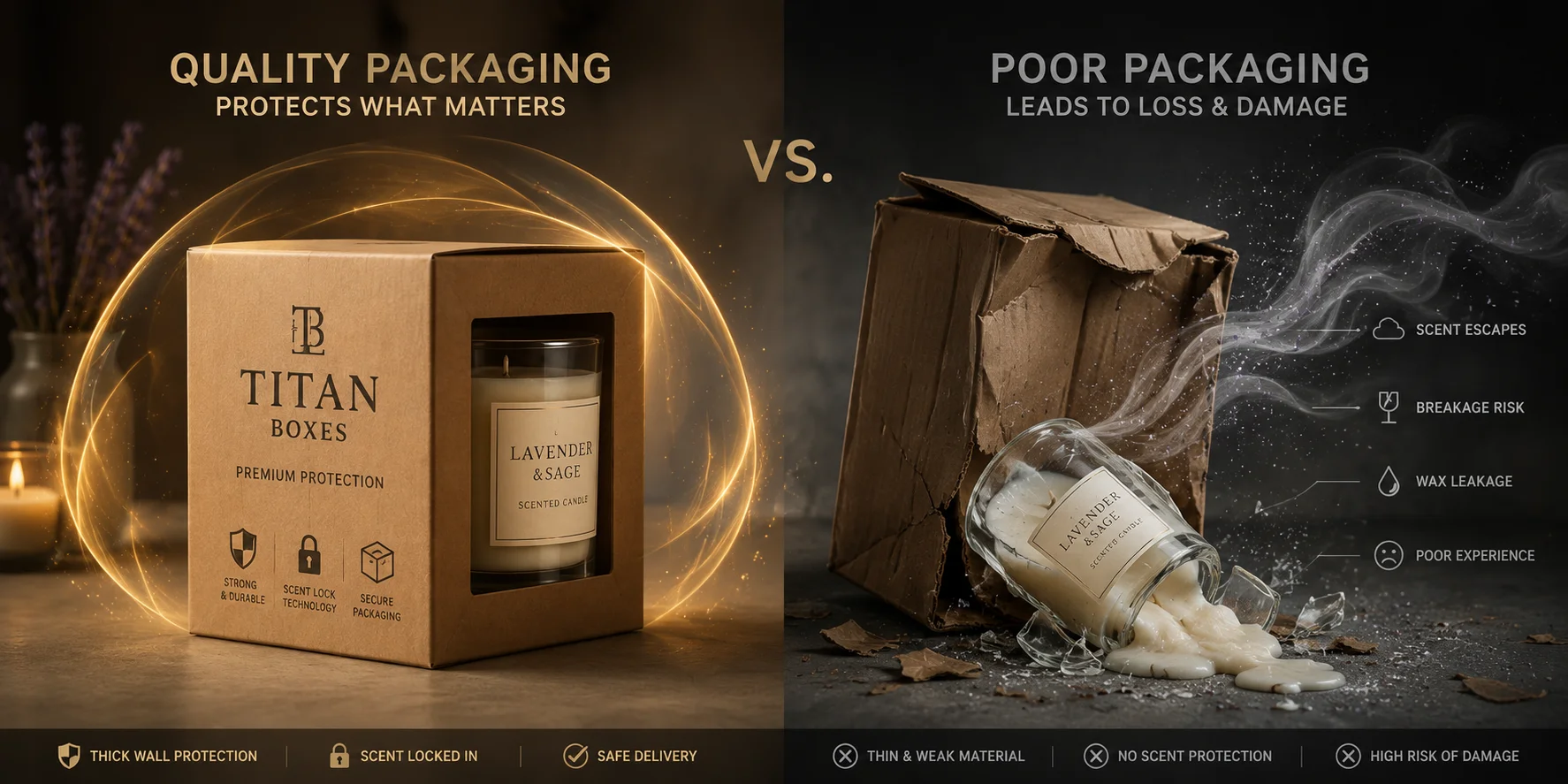 comparison of sturdy Titan Boxes packaging vs. flimsy candle boxes showing protection failure