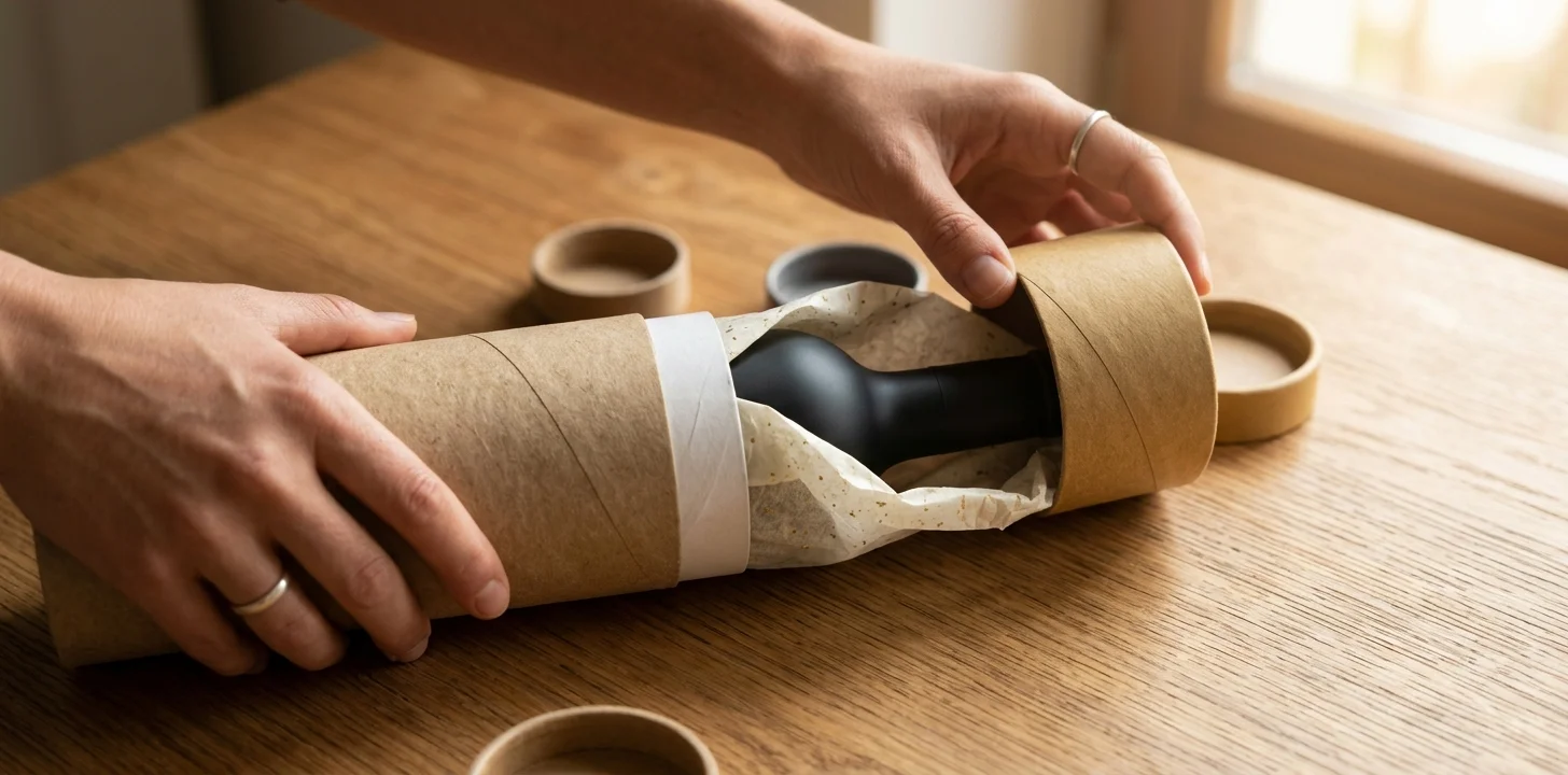 Premium Unboxing Experience with Paper Tube Packaging Hands opening a kraft paper tube packaging box in a premium unboxing moment