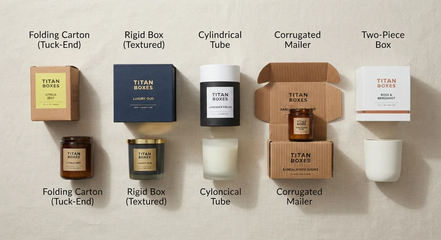 overview of folding cartons, rigid boxes, tubes, and corrugated mailers for candles