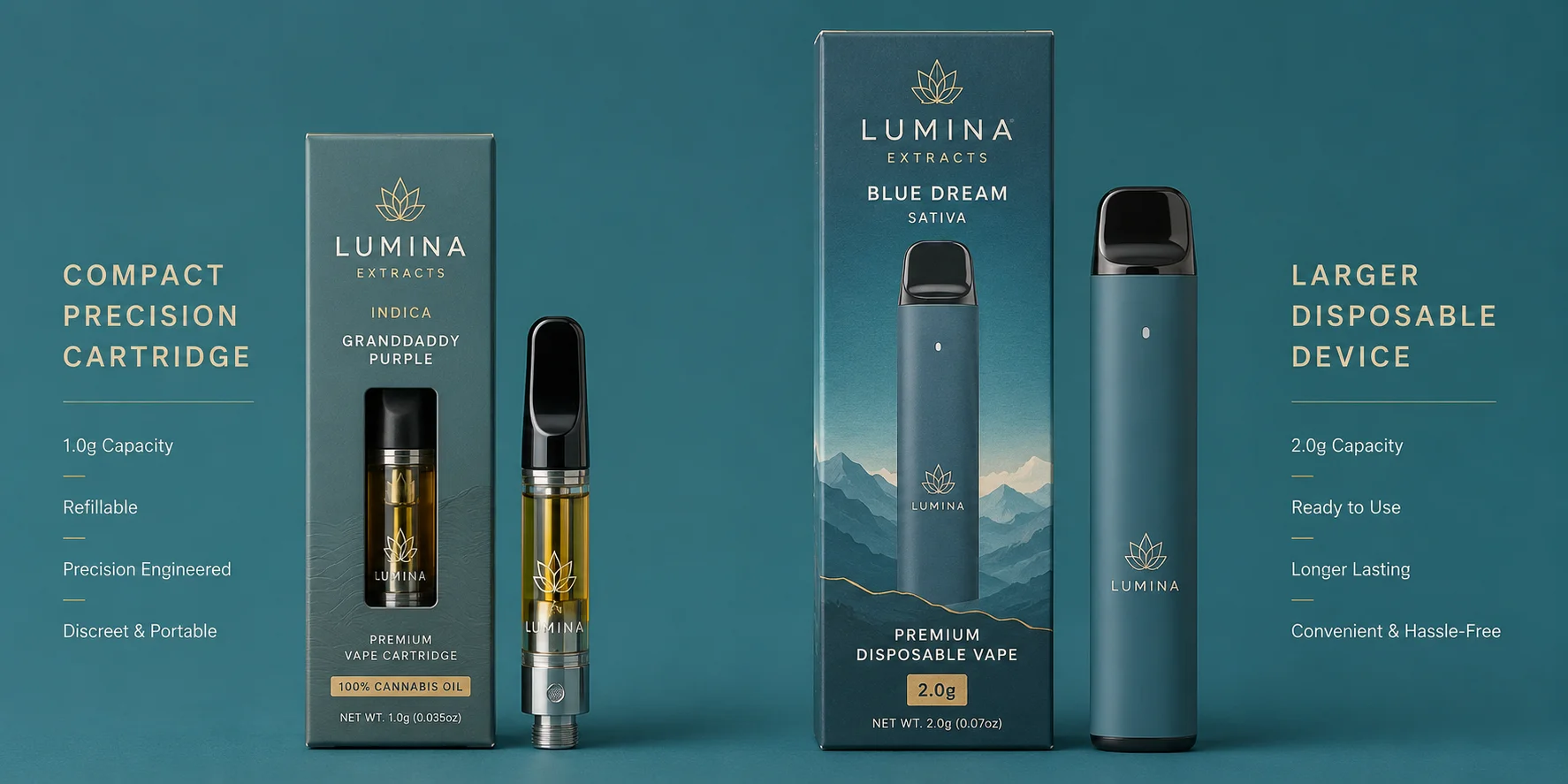 Vape Cartridge Packaging Vs Disposable Vape Packaging Side by side comparison of compact vape cartridge packaging and larger disposable vape device packaging