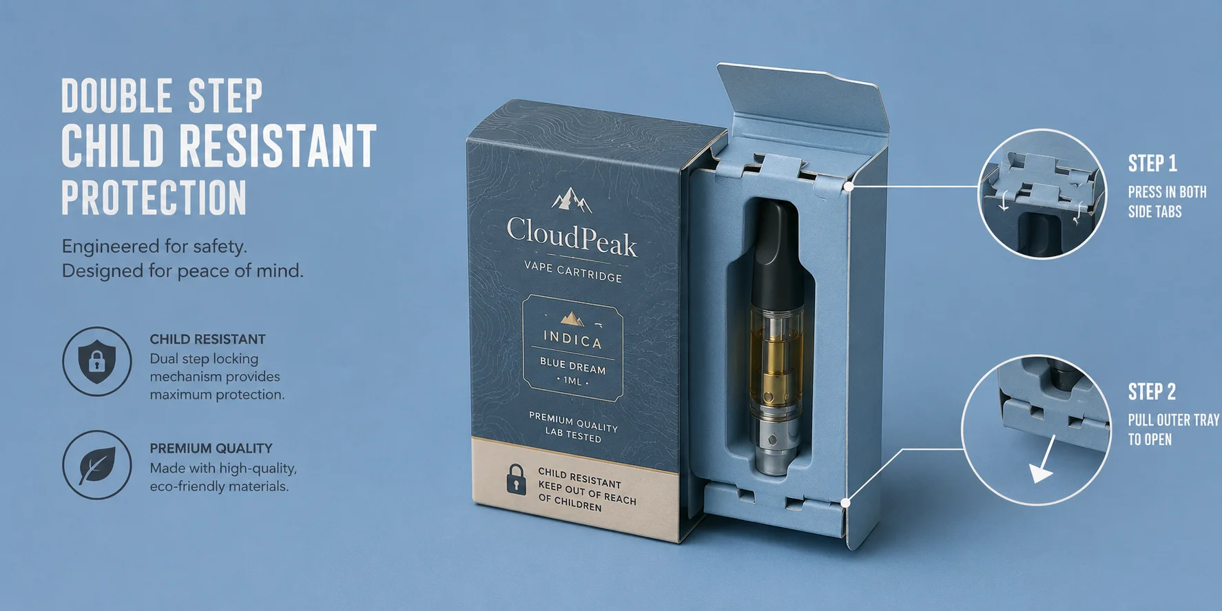 Child Resistant Mechanism For Vape Packaging Safety Vape packaging box showing double step child resistant opening mechanism with interlocking tabs