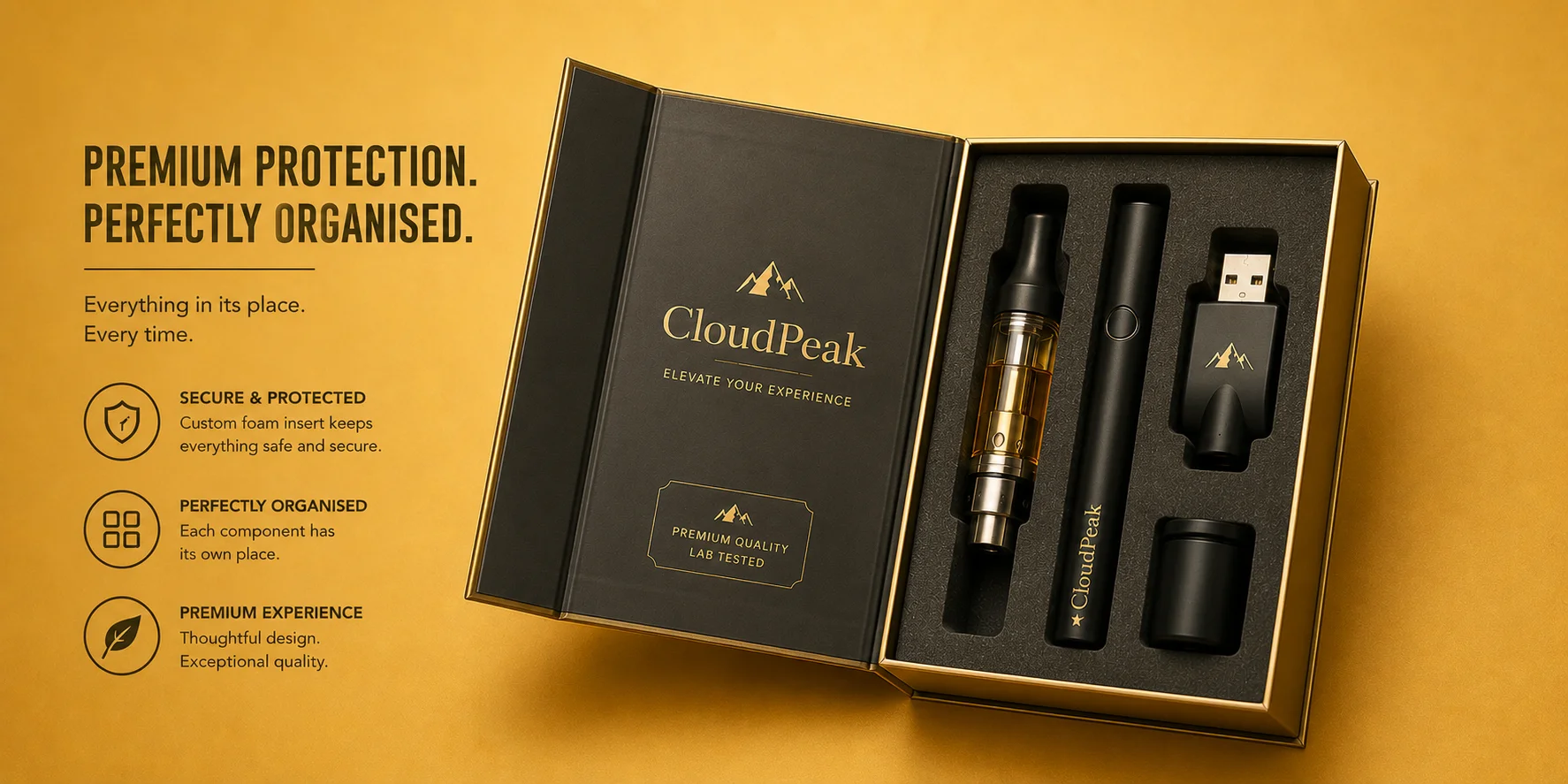 Custom Foam Inserts For Vape Product Protection Open vape packaging box with custom foam insert holding vape cartridge vape pen and charger securely in place
