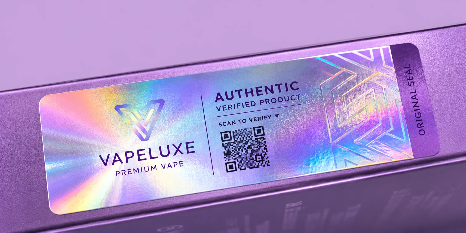 Holographic Label And Tamper Evident Seal For Vape Packaging Close up of vape packaging showing holographic anti-counterfeit label and tamper evident seal for product security