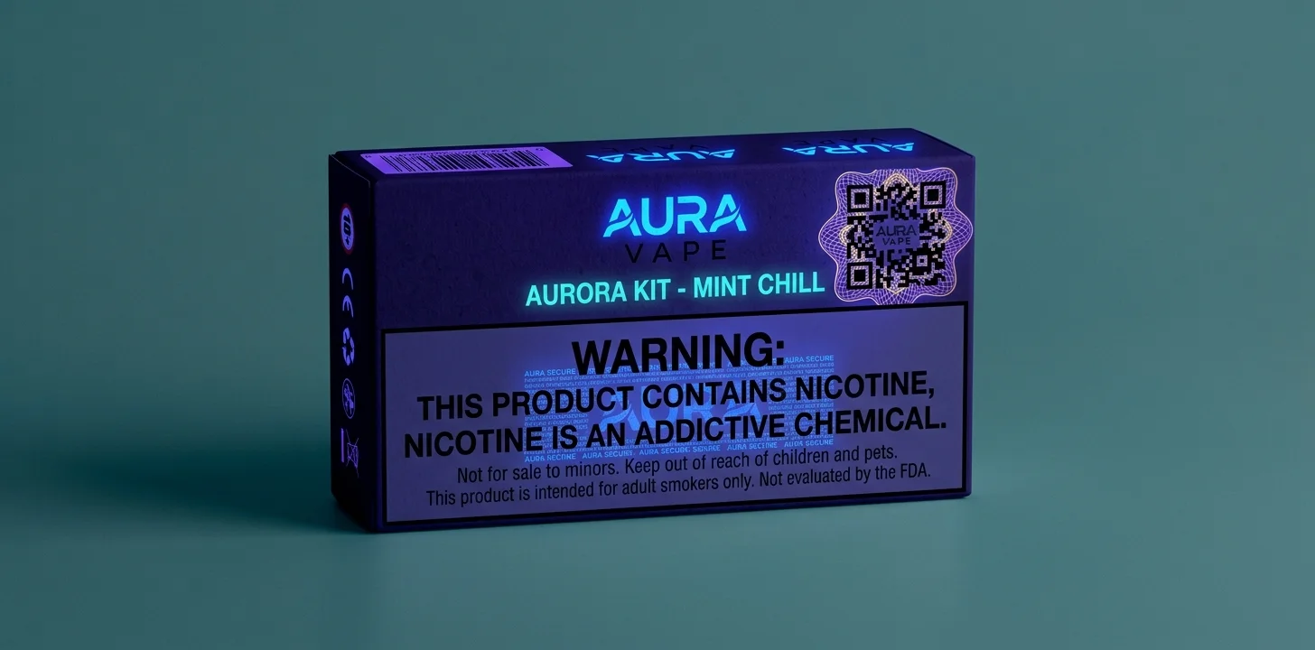 Nicotine Warning Label Requirements For Vape Packaging Close up of vape packaging box showing nicotine warning label with bold regulatory disclaimer text