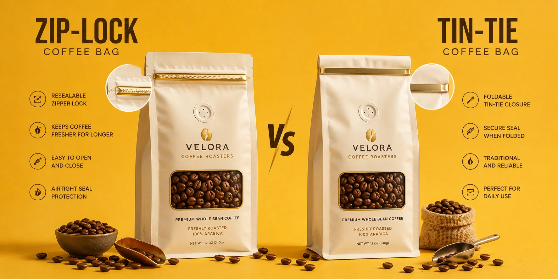 Comparison of zip lock coffee bag closure and tin tie coffee bag closure for resealable packaging